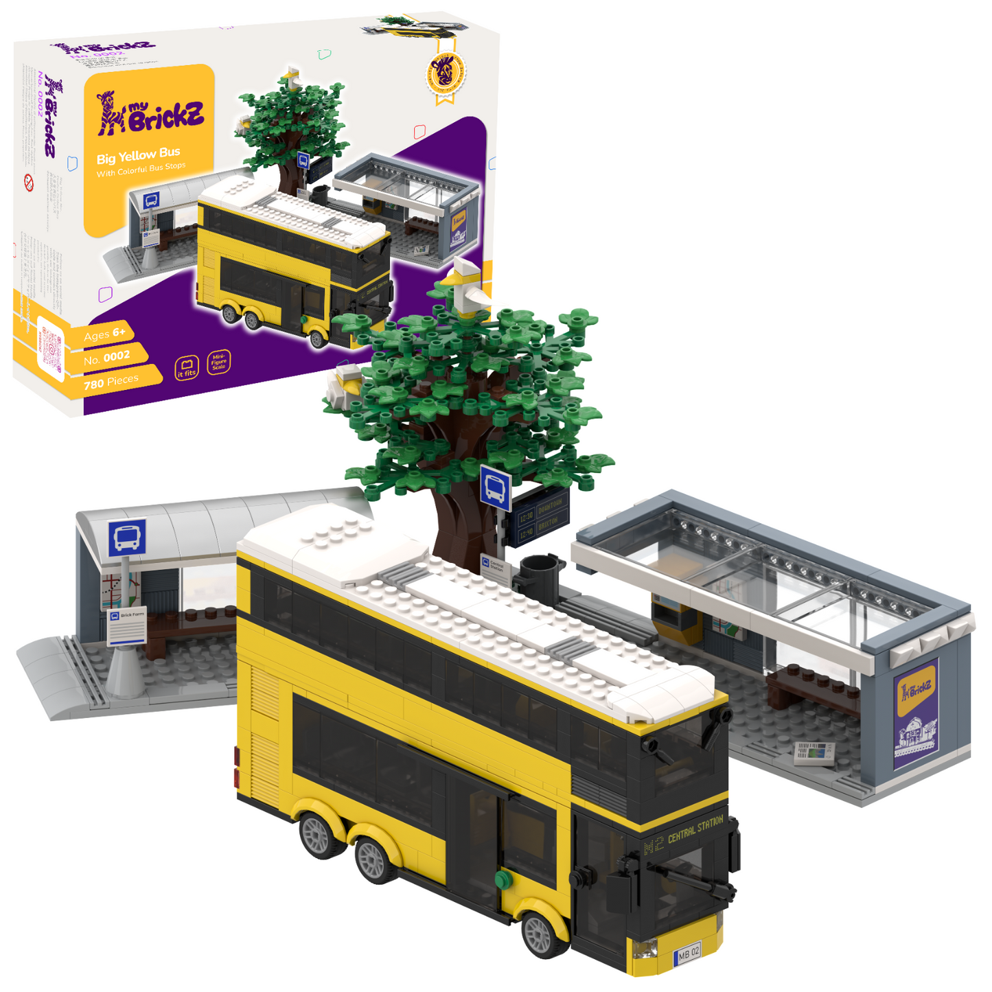 myBrickZ 0002 Gelber Doppelstockbus mit Haltestellen