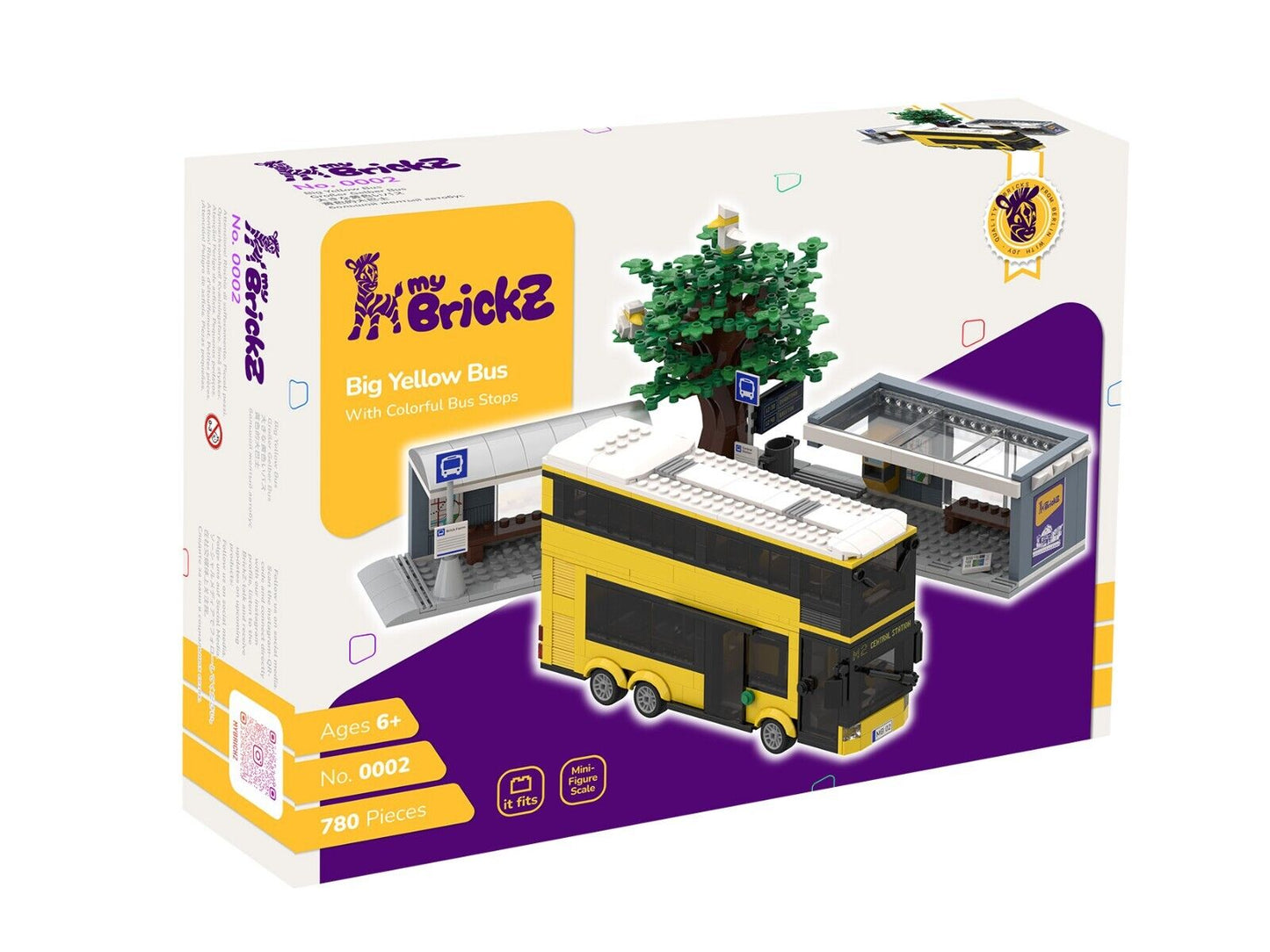 myBrickZ 0002 Gelber Doppelstockbus mit Haltestellen