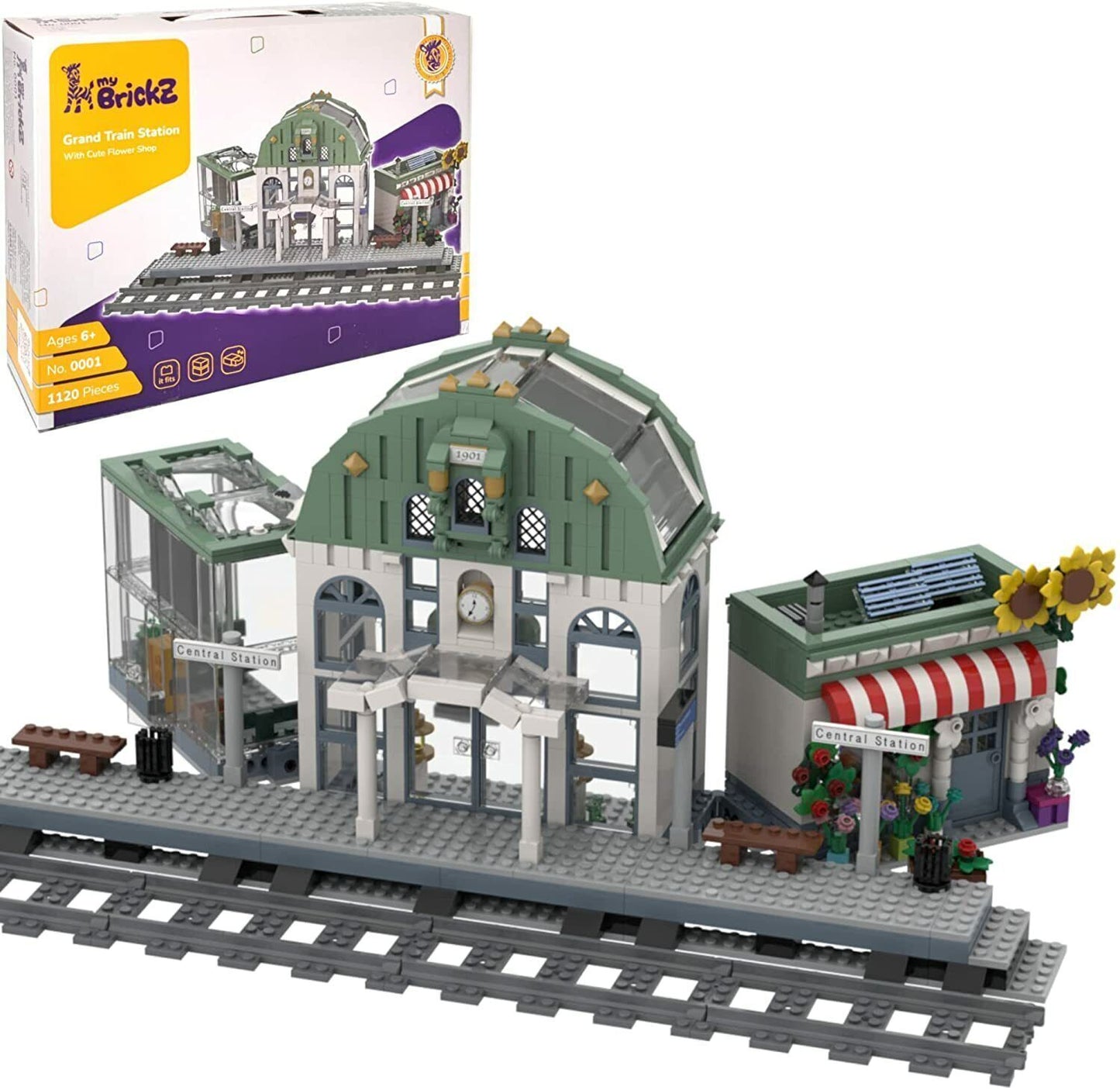 myBrickZ 0001 Großer Bahnhof für Zug, 1120 Bausteine Set